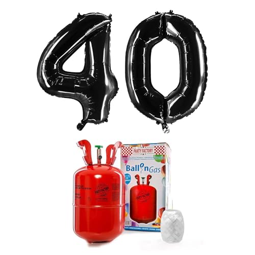 PARTY FACTORY Helium Set "40" mit XXL Zahlenballons, Ballongas und Ballonschnur - für Geburtstag, Jubiläum, Jahrestag; Gold, Silber, Schwarz, Pink, Rosa, Rosagold, Bunt (Schwarz) von Party Factory