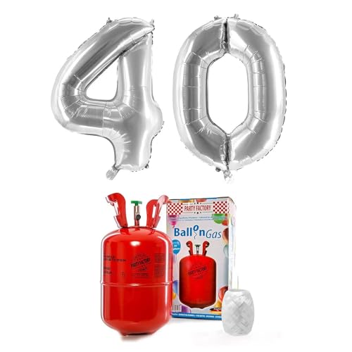 PARTY FACTORY Helium Set "40" mit XXL Zahlenballons, Ballongas und Ballonschnur - für Geburtstag, Jubiläum, Jahrestag; Gold, Silber, Schwarz, Pink, Rosa, Rosagold, Bunt (Silber) von Party Factory