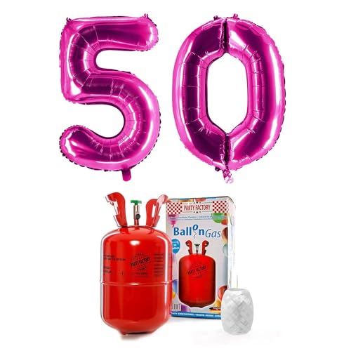 PARTY FACTORY Helium Set "50" mit XXL Zahlenballons, Ballongas und Ballonschnur - für Geburtstag, Jubiläum, Jahrestag; Gold, Silber, Schwarz, Pink, Rosa, Rosagold, Bunt (Pink) von Party Factory