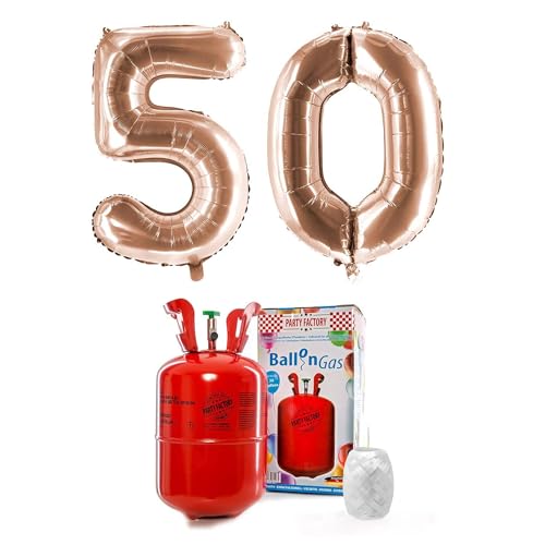 PARTY FACTORY Helium Set "50" mit XXL Zahlenballons, Ballongas und Ballonschnur - für Geburtstag, Jubiläum, Jahrestag; Gold, Silber, Schwarz, Pink, Rosa, Rosagold, Bunt (Roségold) von Party Factory