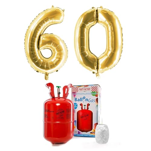 PARTY FACTORY Helium Set "60" mit XXL Zahlenballons, Ballongas und Ballonschnur - für Geburtstag, Jubiläum, Jahrestag; Gold, Silber, Schwarz, Pink, Rosa, Rosagold, Bunt (Gold) von Party Factory