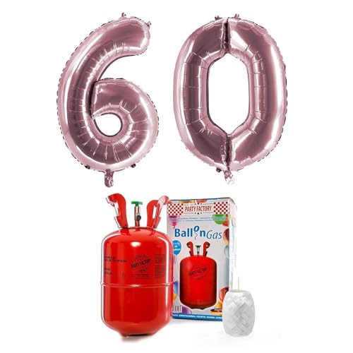 PARTY FACTORY Helium Set "60" mit XXL Zahlenballons, Ballongas und Ballonschnur - für Geburtstag, Jubiläum, Jahrestag; Gold, Silber, Schwarz, Pink, Rosa, Rosagold, Bunt (Rosé) von Party Factory