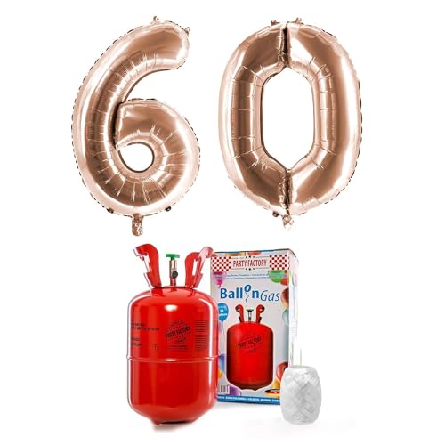 PARTY FACTORY Helium Set "60" mit XXL Zahlenballons, Ballongas und Ballonschnur - für Geburtstag, Jubiläum, Jahrestag; Gold, Silber, Schwarz, Pink, Rosa, Rosagold, Bunt (Roségold) von Party Factory