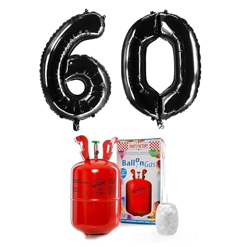 PARTY FACTORY Helium Set "60" mit XXL Zahlenballons, Ballongas und Ballonschnur - für Geburtstag, Jubiläum, Jahrestag; Gold, Silber, Schwarz, Pink, Rosa, Rosagold, Bunt (Schwarz) von Party Factory