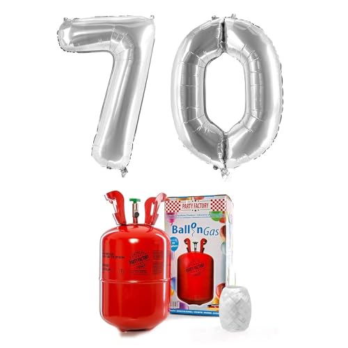 PARTY FACTORY Helium Set "70" mit XXL Zahlenballons, Ballongas und Ballonschnur - für Geburtstag, Jubiläum, Jahrestag; Gold, Silber, Schwarz, Pink, Rosa, Rosagold, Bunt (Silber) von Party Factory
