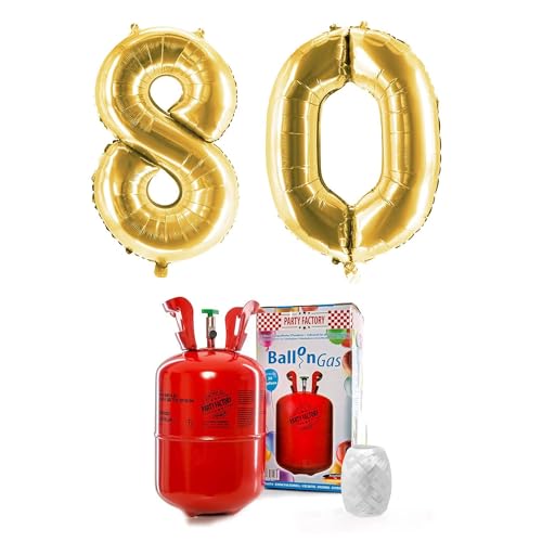 PARTY FACTORY Helium Set "80" mit XXL Zahlenballons, Ballongas und Ballonschnur - für Geburtstag, Jubiläum, Jahrestag; Gold, Silber, Schwarz, Pink, Rosa, Rosagold, Bunt (Gold) von Party Factory