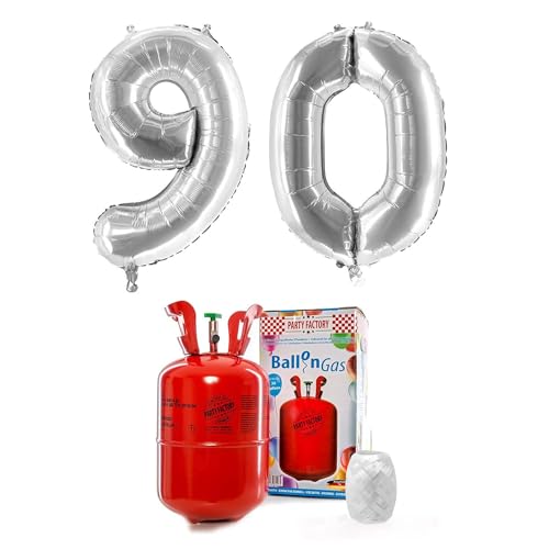 PARTY FACTORY Helium Set "90" mit XXL Zahlenballons, Ballongas und Ballonschnur - für Geburtstag, Jubiläum, Jahrestag; Gold, Silber, Schwarz, Pink, Rosa, Rosagold, Bunt (Silber) von Party Factory