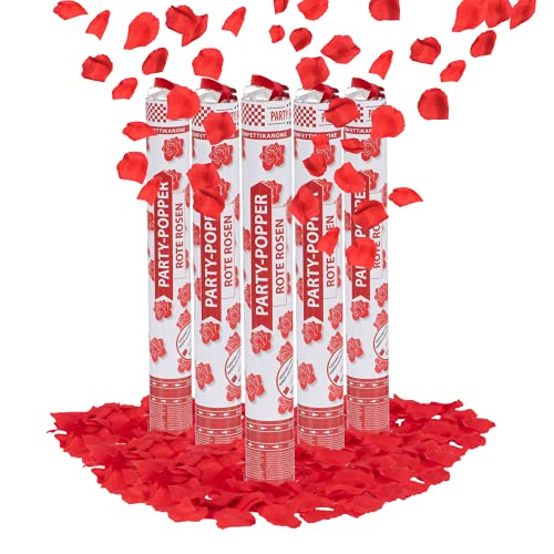 Party Factory 5er Set Party Popper, 40 cm, Rote Rosen Konfetti, bis 8 m Effekthöhe, Konfettiregen für Hochzeit, Valentinstag oder Junggesellenabschied von Party Factory