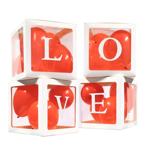 Party Factory Ballonbox LOVE, 4er Set, je 30x30cm, inkl. 16 rote Ballons á 20 cm, JGS, Hochzeit, Jahrestag, Valentinstag von Party Factory