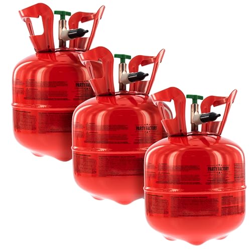 Party Factory Ballongas-Set aus 3x 0,14m³/140l Helium für je 20 Luftballons, 3 Einwegflaschen mit Heliumgas und Füllventil für Heliumballons von Party Factory