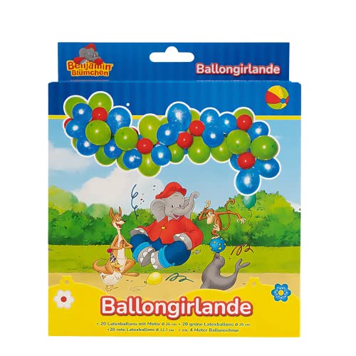 Party Factory `Benjamin Blümchen´ Ballongirlande aus 60 grünen, blauen und roten Latexballons, Ø25 und 12cm, inklusive 4m Ballonband von Party Factory