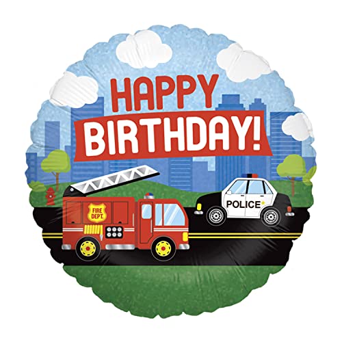 Party Factory Folienballon Happy Birthday, bunt, Ø 43cm, Feuerwehr, Polizei, Heliumballon, Luftballon für Geburtstag, Kindergeburtstag von Party Factory