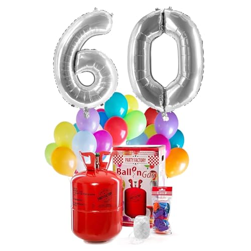 Party Factory `Happy 60´ Helium Komplett-Set, 2 silberne XXL Zahlenballons, 30 bunte Latexballons, 400l Ballongas und 40m Ballonschnur von Party Factory
