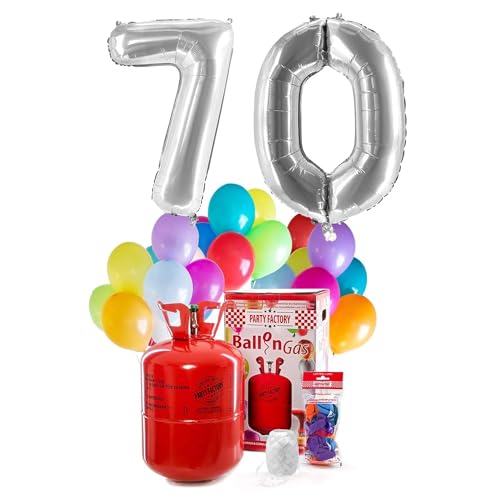 Party Factory `Happy 70´ Helium Komplett-Set, 2 silberne XXL Zahlenballons, 30 bunte Latexballons, 400l Ballongas und 40m Ballonschnur von Party Factory