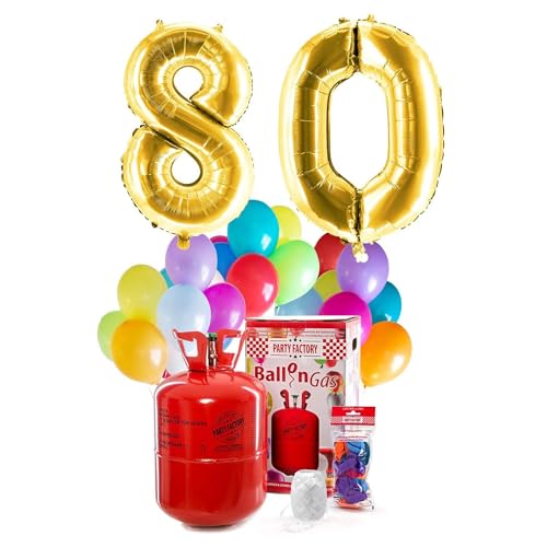 Party Factory `Happy 80´ Helium Komplett-Set, 2 goldene XXL Zahlenballons, 30 bunte Latexballons, 400l Ballongas und 40m Ballonschnur von Party Factory