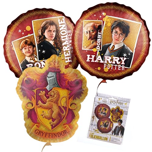 Party Factory `Harry Potter´ 3er-Set Folienballons, Ø45cm, rot/gold, Harry, Dobby, Ron, Hermine, Gryffindor Wappen, Heliumballons von Party Factory