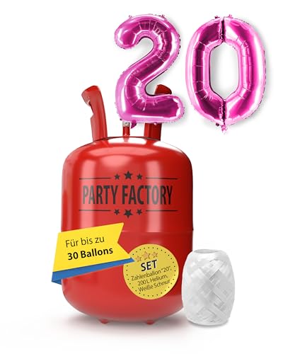 Party Factory – Helium Gasflasche 200L im Set mit XXL Zahlenballon "20" Pink – Partydeko Ballongas Flasche mit Folienballon & 40 m weißer Ballonschnur – Einwegflaschen mit Knick-Füllventil Party Factory – Helium Gasflasche 200L im Set mit XXL Zahlenballon "20" Pink – Partydeko Ballongas Flasche mit Folienballon & 40 m weißer Ballonschnur – Einwegflaschen mit Knick-Füllventil von Party Factory