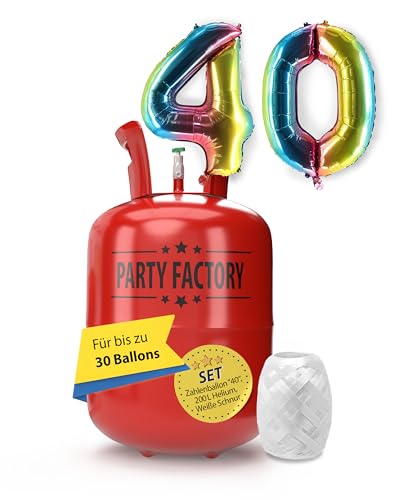 Party Factory – Helium Gasflasche 200L im Set mit XXL Zahlenballon "40" Regenbogen – Partydeko Ballongas Flasche mit Folienballon & 40 m weißer Ballonschnur – Einwegflaschen mit Knick-Füllventil Party Factory – Helium Gasflasche 200L im Set mit XXL Zahlenballon "40" Regenbogen – Partydeko Ballongas Flasche mit Folienballon & 40 m weißer Ballonschnur – Einwegflaschen mit Knick-Füllventil von Party Factory