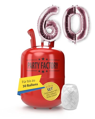 Party Factory – Helium Gasflasche 200L im Set mit XXL Zahlenballon "60" Rosé – Partydeko Ballongas Flasche mit Folienballon & 40 m weißer Ballonschnur – Einwegflaschen mit Knick-Füllventil von Party Factory