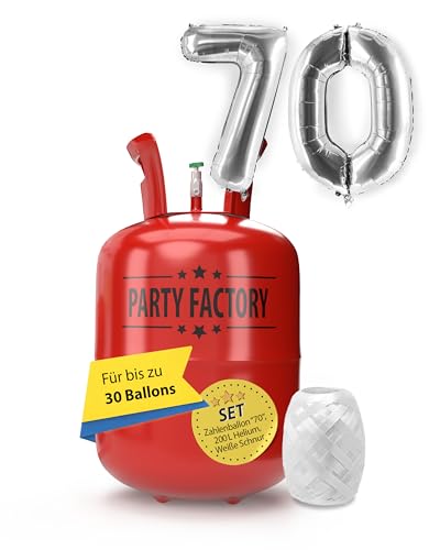 Party Factory – Helium Gasflasche 200L im Set mit XXL Zahlenballon "70" Silber – Partydeko Ballongas Flasche mit Folienballon & 40 m weißer Ballonschnur – Einwegflaschen mit Knick-Füllventil Party Factory – Helium Gasflasche 200L im Set mit XXL Zahlenballon "70" Silber – Partydeko Ballongas Flasche mit Folienballon & 40 m weißer Ballonschnur – Einwegflaschen mit Knick-Füllventil von Party Factory