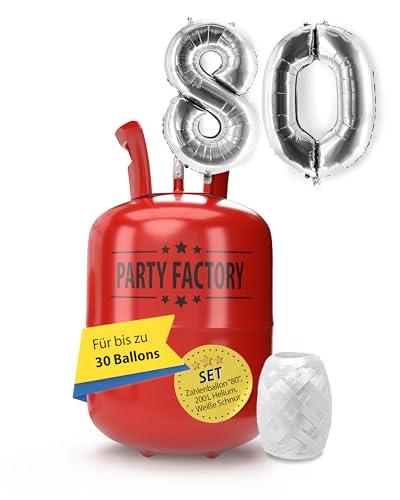 Party Factory – Helium Gasflasche 200L im Set mit XXL Zahlenballon "80" Silber – Partydeko Ballongas Flasche mit Folienballon & 40 m weißer Ballonschnur – Einwegflaschen mit Knick-Füllventil Party Factory – Helium Gasflasche 200L im Set mit XXL Zahlenballon "80" Silber – Partydeko Ballongas Flasche mit Folienballon & 40 m weißer Ballonschnur – Einwegflaschen mit Knick-Füllventil von Party Factory