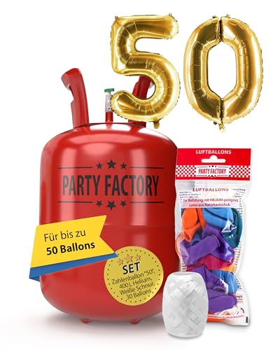 Party Factory – Helium Gasflasche 400L Komplett Set mit XXL Zahlenballon "50" Gold – Partydeko Ballongas Flasche mit Folienballon, 30 Latexballons & 40m Ballonschnur – Für Geburtstage & Feiern Party Factory – Helium Gasflasche 400L Komplett Set mit XXL Zahlenballon "50" Gold – Partydeko Ballongas Flasche mit Folienballon, 30 Latexballons & 40m Ballonschnur – Für Geburtstage & Feiern von Party Factory