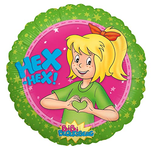 Party Factory `Hex-Hex´, Bibi Blocksberg Folienballon, grün/pink, Ø45cm, Heliumballon kleine Hexe mit Herz zum Kindergeburtstag von Party Factory