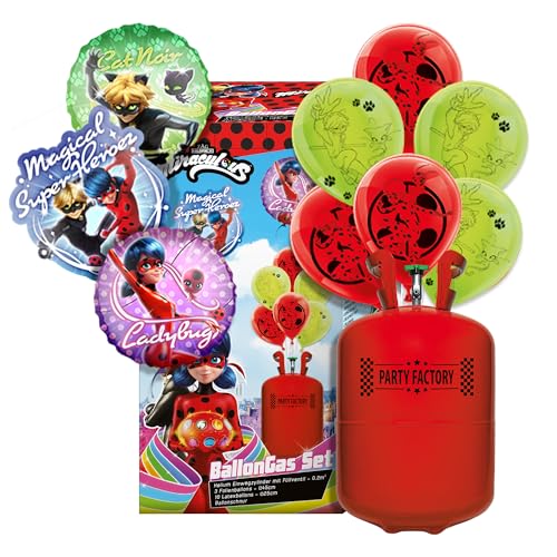 Party Factory `Miraculous´ buntes Ballongas Set mit 3 Heliumballons, 10 Latexballons, Helium Einwegzylinder und Ballonschnur von Party Factory