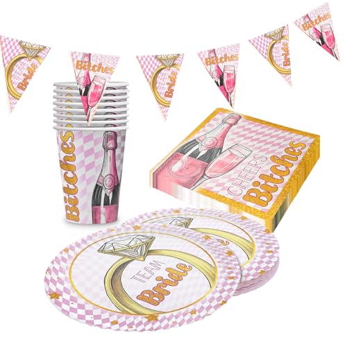 Party Factory Party-Set Bachelorette Bling Bling, 4 teiliges Partyset mit 20 Servietten, 8 Bechern, 8 Tellern und 1 Wimpelkette, farbenfrohe Dekoration für Junggesellinnenabschiede und Partys von Party Factory
