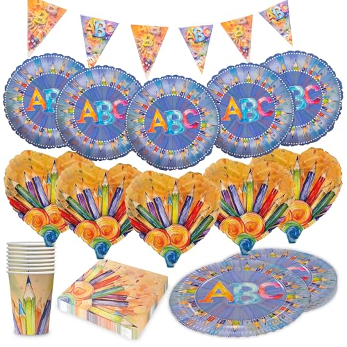 Party Factory Party-Set Back to School Neutral, 5-teiliges Partyset mit 20 Servietten, 8 Bechern, 8 Tellern, 1 Wimpelkette, 5 Folienballons Rund und 5 Folienballons Herz, Dekoration für Partys von Party Factory