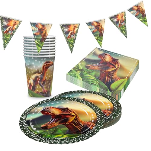 Party Factory Party-Set Dino Realistisch, 4 teiliges Partyset mit 20 Servietten, 8 Bechern, 8 Tellern und 1 Wimpelkette, farbenfrohe Dekoration für Kindergeburtstage, Partys und besondere Anlässe von Party Factory