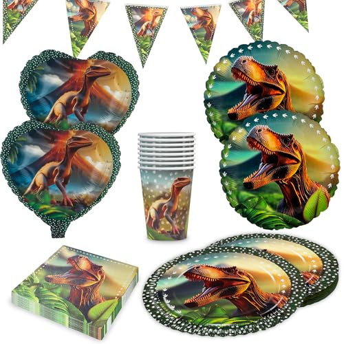 Party Factory Party-Set Dino Realistisch, 5-teiliges Partyset mit 20 Servietten, 8 Bechern, 8 Tellern, 1 Wimpelkette, 2 Folienballons Rund und 2 Folienballons Herz, Dekoration für Partys von Party Factory