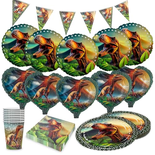 Party Factory Party-Set Dino Realistisch, 5-teiliges Partyset mit 20 Servietten, 8 Bechern, 8 Tellern, 1 Wimpelkette, 5 Folienballons Rund und 5 Folienballons Herz, Dekoration für Partys von Party Factory