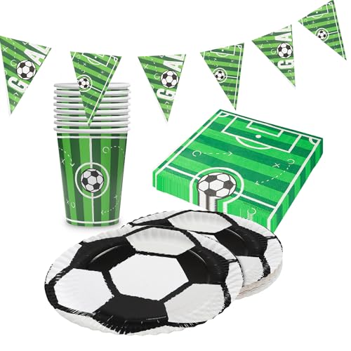 Party Factory Party-Set Fussball Goal, 4-teiliges Partyset mit 20 Servietten, 8 Bechern, 8 Tellern und 1 Wimpelkette, farbenfrohe Dekoration für Kindergeburtstage und Partys von Party Factory