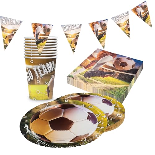 Party Factory Party-Set Fußball Realistisch, 4 teiliges Partyset mit 20 Servietten, 8 Bechern, 8 Tellern und 1 Wimpelkette, farbenfrohe Dekoration für Kindergeburtstage, Partys und besondere Anlässe von Party Factory