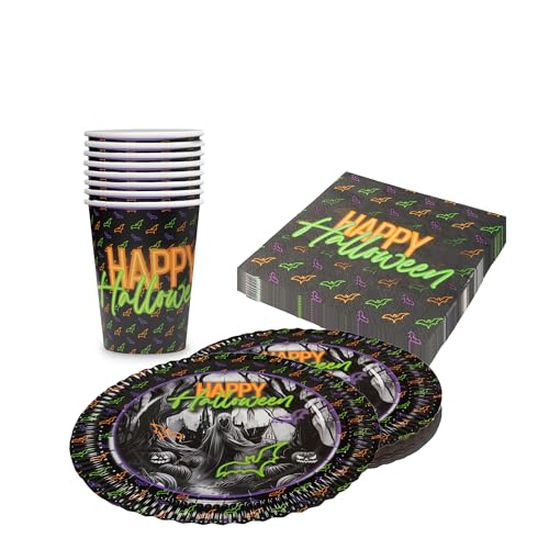 Party Factory Party-Set Halloween Neon Motiv 1, 3 teiliges Partyset mit 20 Servietten, 8 Bechern, 8 Tellern, farbenfrohe Dekoration für Feiern und Partys von Party Factory
