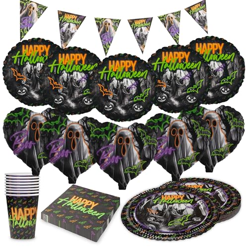 Party Factory Party-Set Halloween Neon Motiv 1, 5-teiliges Partyset mit 20 Servietten, 8 Bechern, 8 Tellern, 1 Wimpelkette, 5 Folienballons Rund und 5 Folienballons Herz, Dekoration für Partys von Party Factory