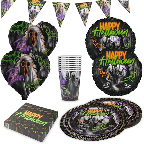 Party Factory Party-Set Halloween Neon Motiv 2, 5-teiliges Partyset mit 20 Servietten, 8 Bechern, 8 Tellern, 1 Wimpelkette, 2 Folienballons Rund und 2 Folienballons Herz, Dekoration für Partys von Party Factory