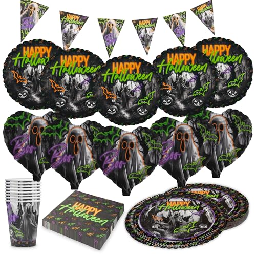 Party Factory Party-Set Halloween Neon Motiv 2, 5-teiliges Partyset mit 20 Servietten, 8 Bechern, 8 Tellern, 1 Wimpelkette, 5 Folienballons Rund und 5 Folienballons Herz, Dekoration für Partys von Party Factory