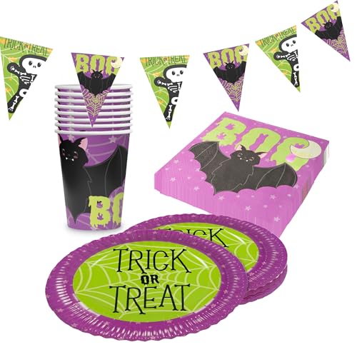 Party Factory Party-Set Halloween Skelett Motiv 1, 4 teiliges Partyset mit 20 Servietten, 8 Bechern, 8 Tellern und 1 Wimpelkette, farbenfrohe Dekoration für Feiern und Partys von Party Factory