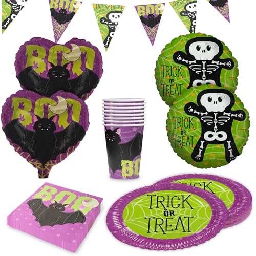 Party Factory Party-Set Halloween Skelett Motiv 1, 5-teiliges Partyset mit 20 Servietten, 8 Bechern, 8 Tellern, 1 Wimpelkette, 2 Folienballons Rund und 2 Folienballons Herz, Dekoration für Partys von Party Factory