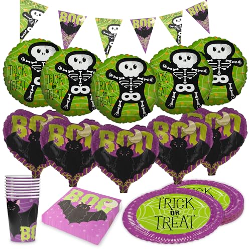 Party Factory Party-Set Halloween Skelett Motiv 1, 5-teiliges Partyset mit 20 Servietten, 8 Bechern, 8 Tellern, 1 Wimpelkette, 5 Folienballons Rund und 5 Folienballons Herz, Dekoration für Partys von Party Factory
