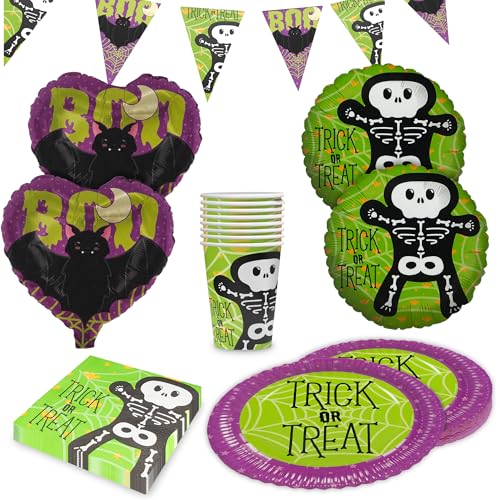 Party Factory Party-Set Halloween Skelett Motiv 2, 5-teiliges Partyset mit 20 Servietten, 8 Bechern, 8 Tellern, 1 Wimpelkette, 2 Folienballons Rund und 2 Folienballons Herz, Dekoration für Partys von Party Factory