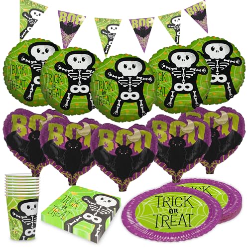 Party Factory Party-Set Halloween Skelett Motiv 2, 5-teiliges Partyset mit 20 Servietten, 8 Bechern, 8 Tellern, 1 Wimpelkette, 5 Folienballons Rund und 5 Folienballons Herz, Dekoration für Partys von Party Factory