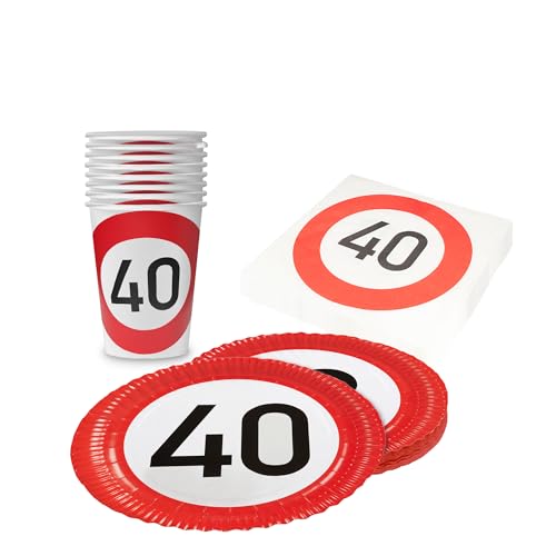 Party Factory Party-Set Happy Birthday 40, 3 teiliges Partyset mit 20 Servietten, 8 Bechern, 8 Tellern, farbenfrohe Dekoration für Geburtstage und Partys von Party Factory