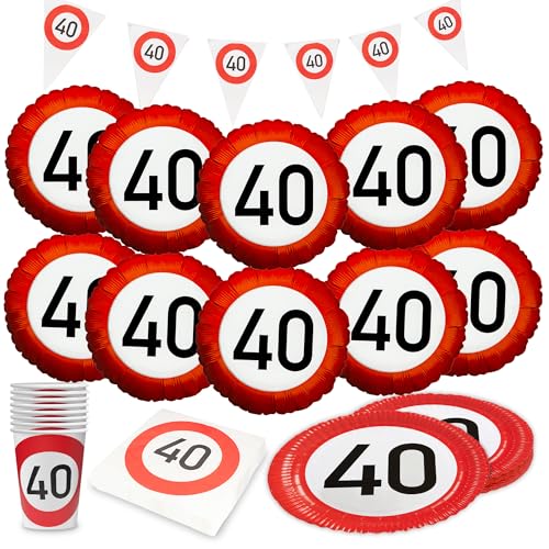 Party Factory Party-Set Happy Birthday 40, 5-teiliges Partyset mit 20 Servietten, 8 Bechern, 8 Tellern, 1 Wimpelkette und 10 Folienballons, farbenfrohe Dekoration für Geburtstage und Partys von Party Factory