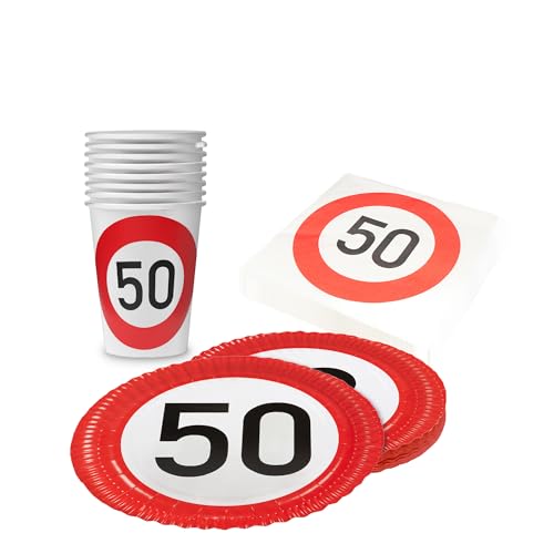 Party Factory Party-Set Happy Birthday 50, 3 teiliges Partyset mit 20 Servietten, 8 Bechern, 8 Tellern, farbenfrohe Dekoration für Geburtstage und Partys von Party Factory