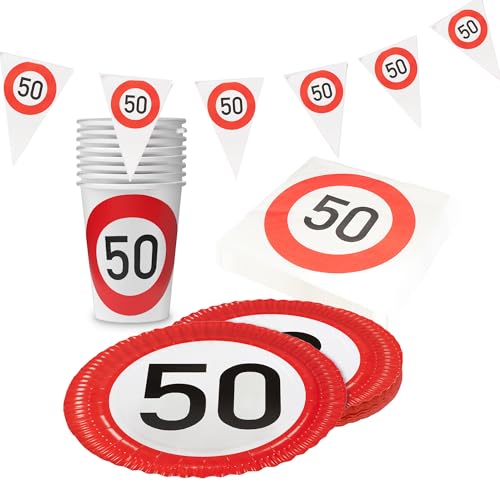 Party Factory Party-Set Happy Birthday 50, 4 teiliges Partyset mit 20 Servietten, 8 Bechern, 8 Tellern und 1 Wimpelkette, farbenfrohe Dekoration für Geburtstage, Partys und besondere Anlässe von Party Factory