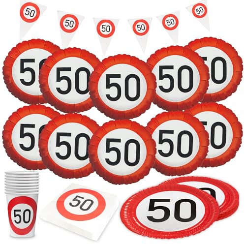 Party Factory Party-Set Happy Birthday 50, 5-teiliges Partyset mit 20 Servietten, 8 Bechern, 8 Tellern, 1 Wimpelkette und 10 Folienballons, farbenfrohe Dekoration für Geburtstage und Partys von Party Factory