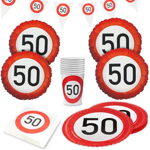 Party Factory Party-Set Happy Birthday 50, 5-teiliges Partyset mit 20 Servietten, 8 Bechern, 8 Tellern, 1 Wimpelkette und 4 Folienballons, farbenfrohe Dekoration für Geburtstage und Partys von Party Factory